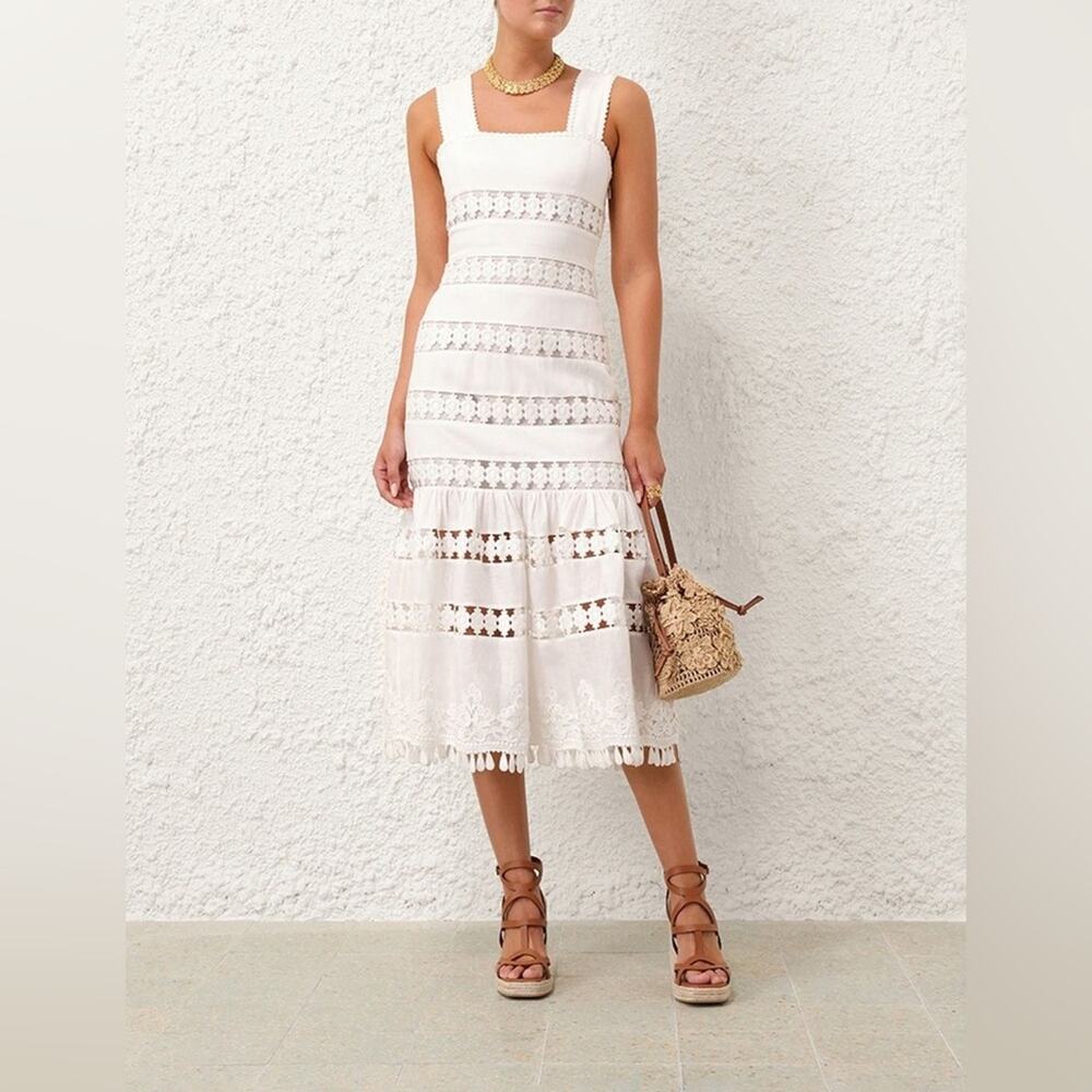 Zimmermann Pop Trimmed White Lace Midi Dress